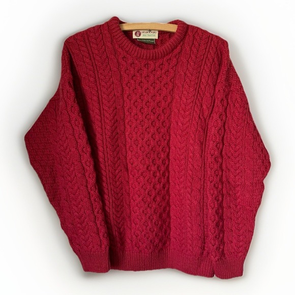 STANDUN Made in Ireland 100% Pure Wool Cable Knit Red Fisherman Sweater Size M